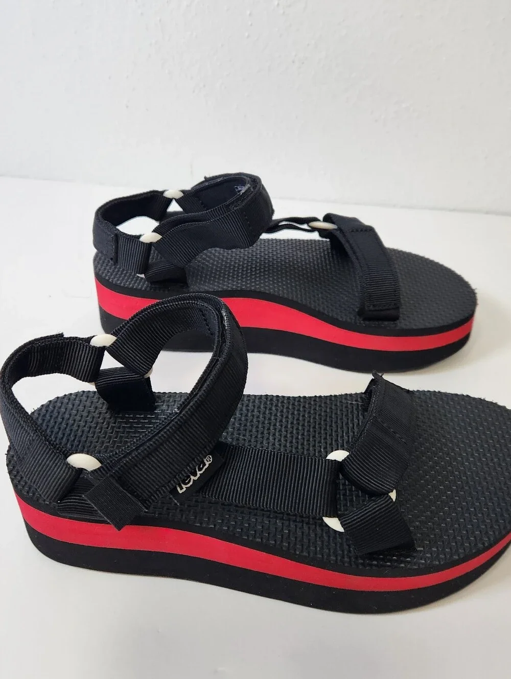 Teva Black Strappy Platform Sandals with Red Stripe - Picture 7 of 13
